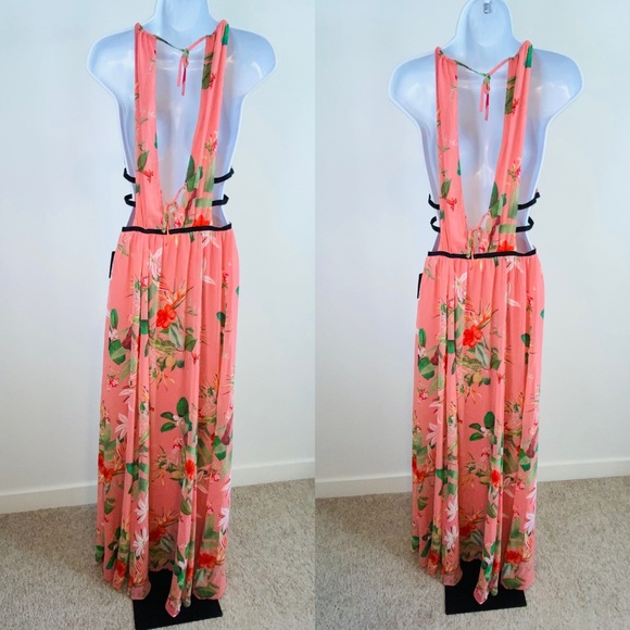 Beautiful Pink Tropical Floral Print Cut-Out Maxi Dress Size S - Picture 5 of 7